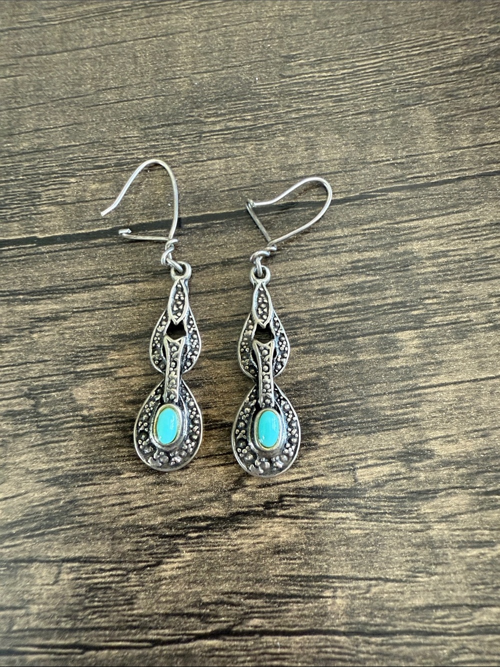Sterling-Style Teardrop Dangle Earrings with Turquoise Accents
